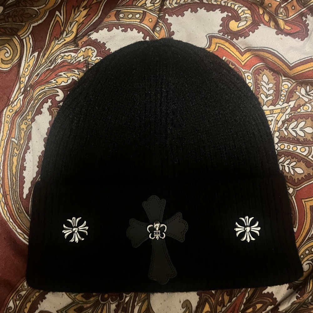 Black Beanie with Cross and Floral Accents